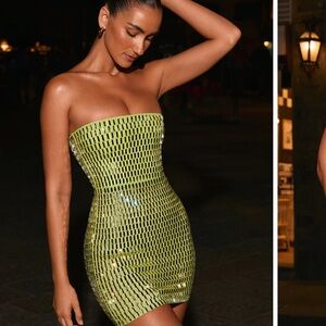 SOLD! Oh Polly Aurora Embellished Bandeau Mini Dress in Pear Green